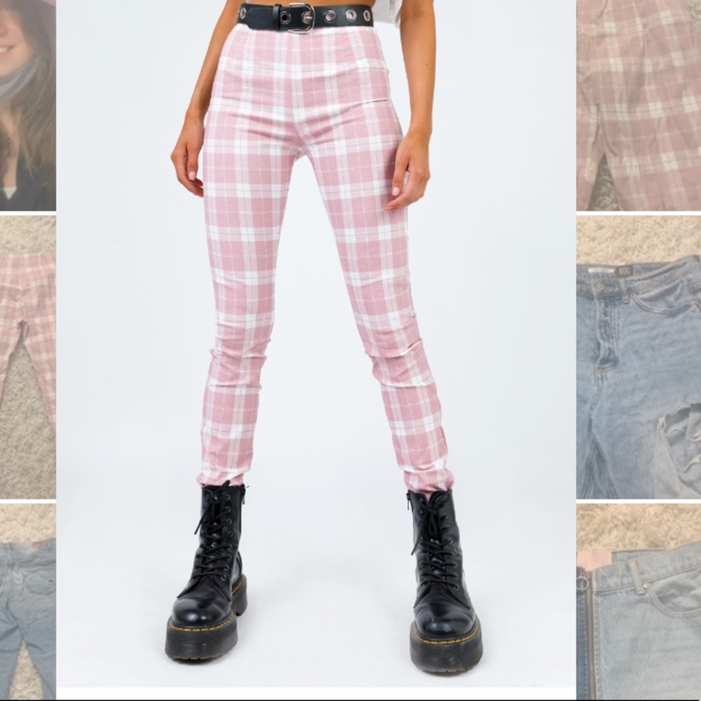 pink and white tight plaid pants